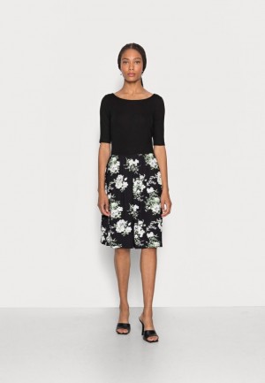 Anna Field Boot Neck Print Jurken With Solid Skirt Jersey Jurken Jurk Dames Zwart | 3804-DPNQZ