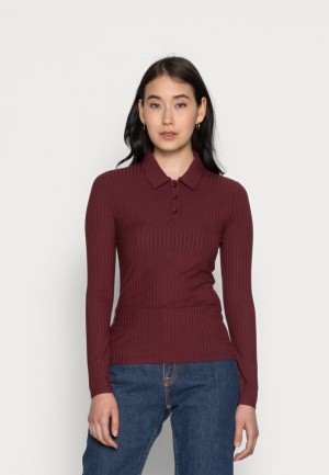 Anna Field Geribbeld Polo Longsleeve Long Sleeved Top T-shirts Dames Donkerrood | 1928-TZPDG