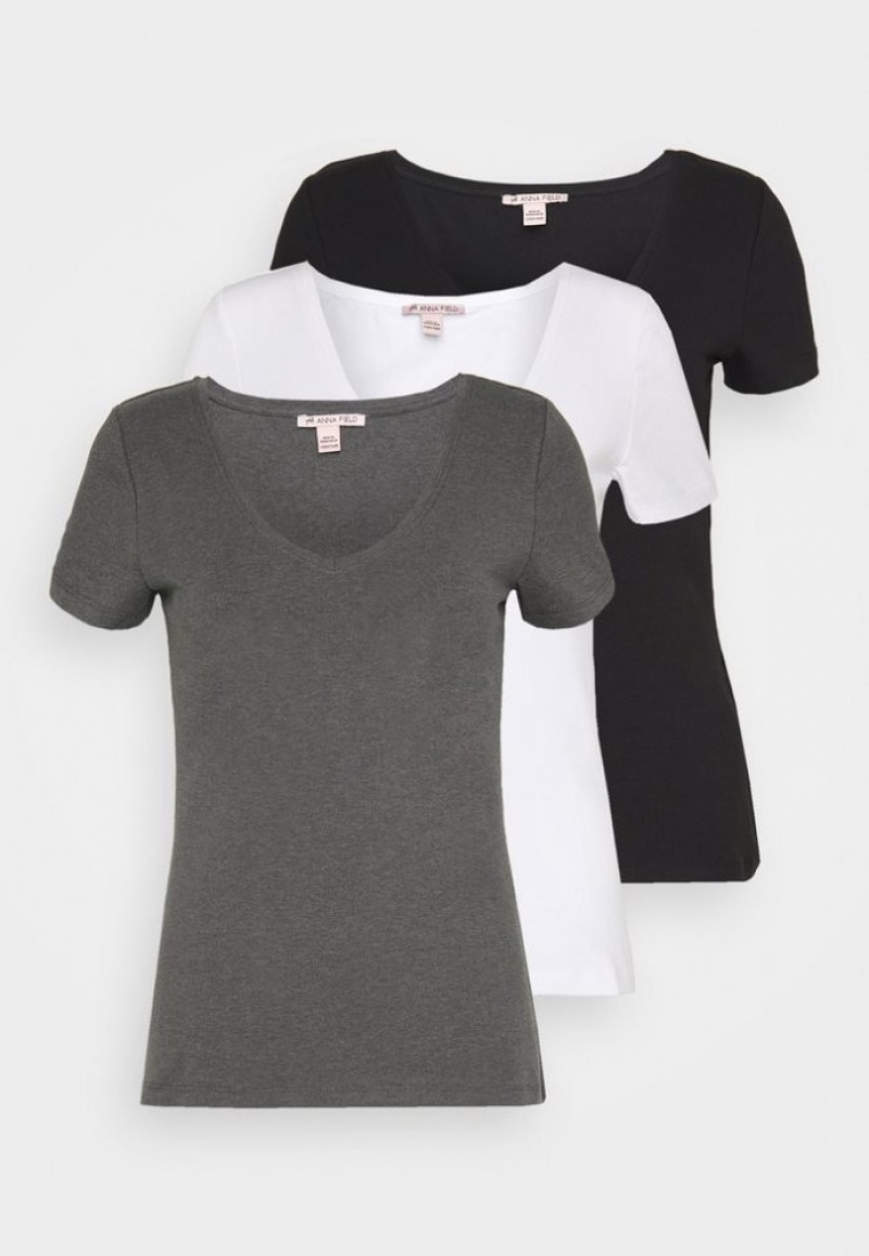 Anna Field 3 Pack Basic T Shirt T-shirts Dames Zwart | 3951-THARY