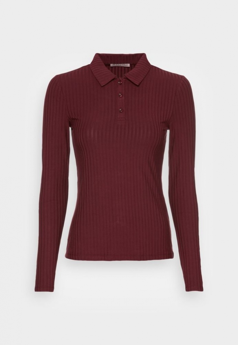 Anna Field Geribbeld Polo Longsleeve Long Sleeved Top T-shirts Dames Donkerrood | 1928-TZPDG