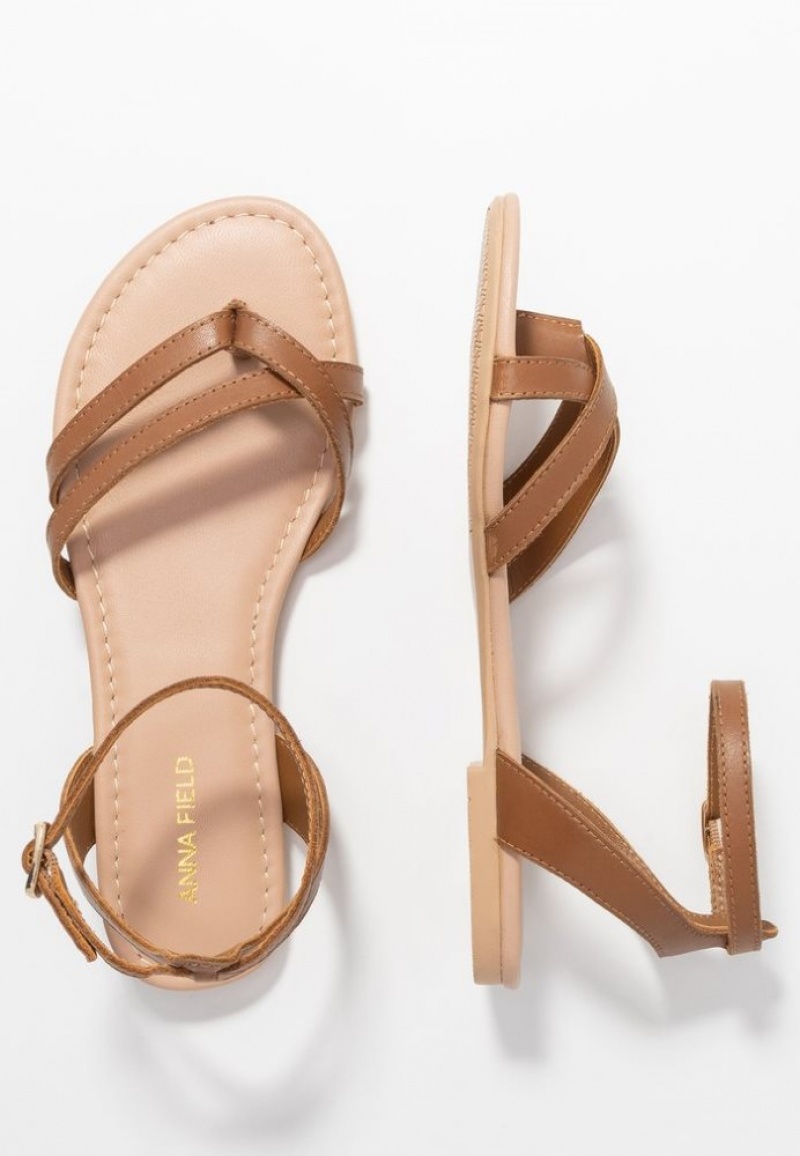 Anna Field Leren T Bar Sandals Sandalen Dames Bruin | 2058-YKNFM