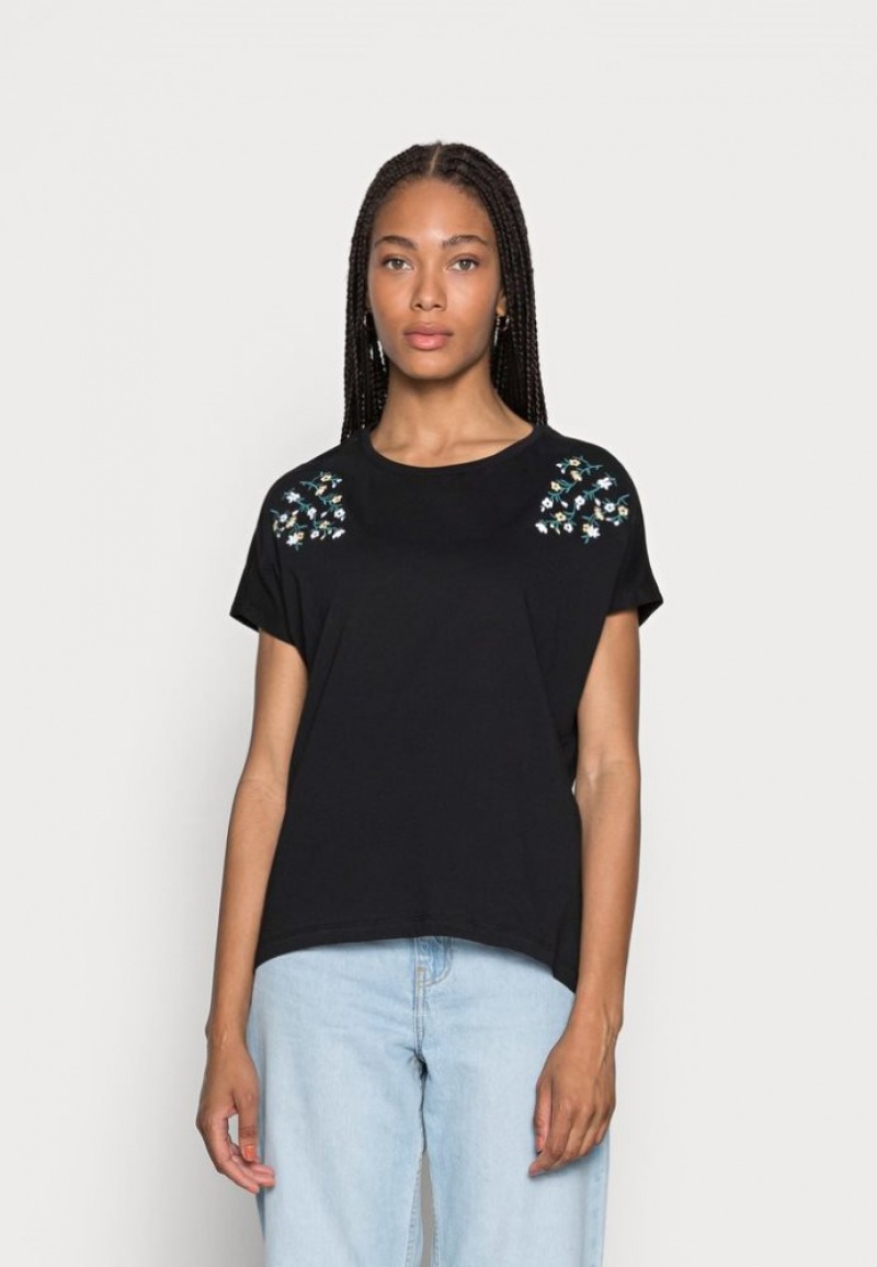 Anna Field Mandala Ditsy Flower Shoulder Tee Print T Shirt T-shirts Dames Zwart | 3906-UCWQJ