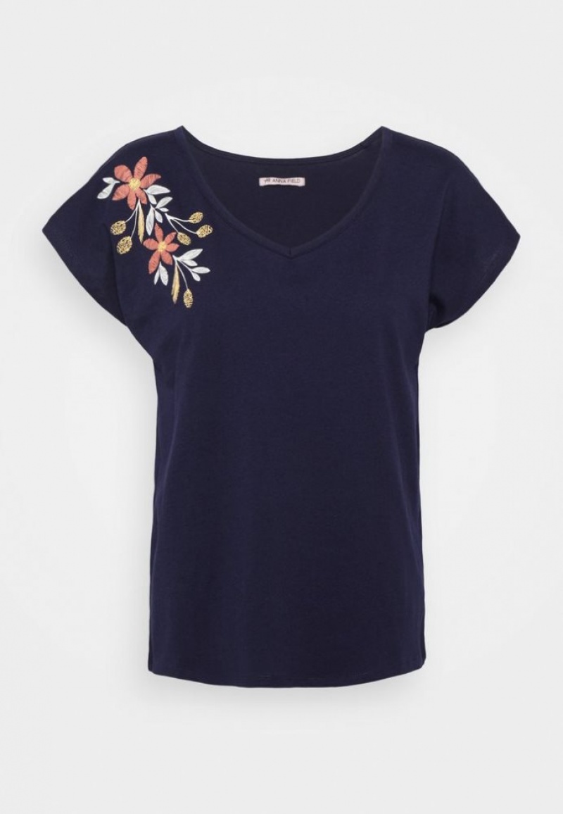 Anna Field Print T Shirt T-shirts Dames Donkerblauw | 1678-ONGUE