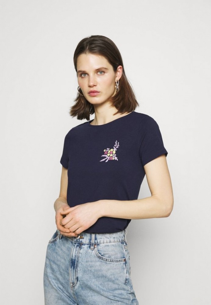 Anna Field Print T Shirt T-shirts Dames Donkerblauw | 0753-DSAYP